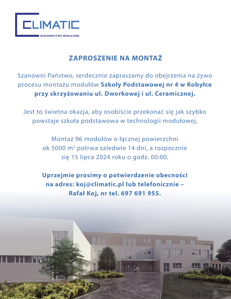 Montaż modułów budynku Szkoły Podstawowej nr 4 w Kobyłce